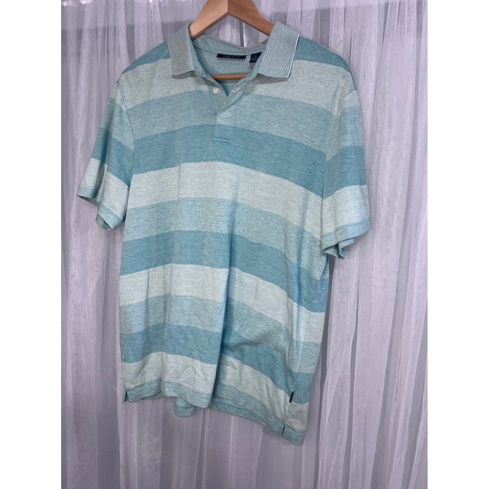 Perry Ellis Mens XL‎ Short Sleeve Striped Polo Shirt Aqua Blue Cotton Blend Knit